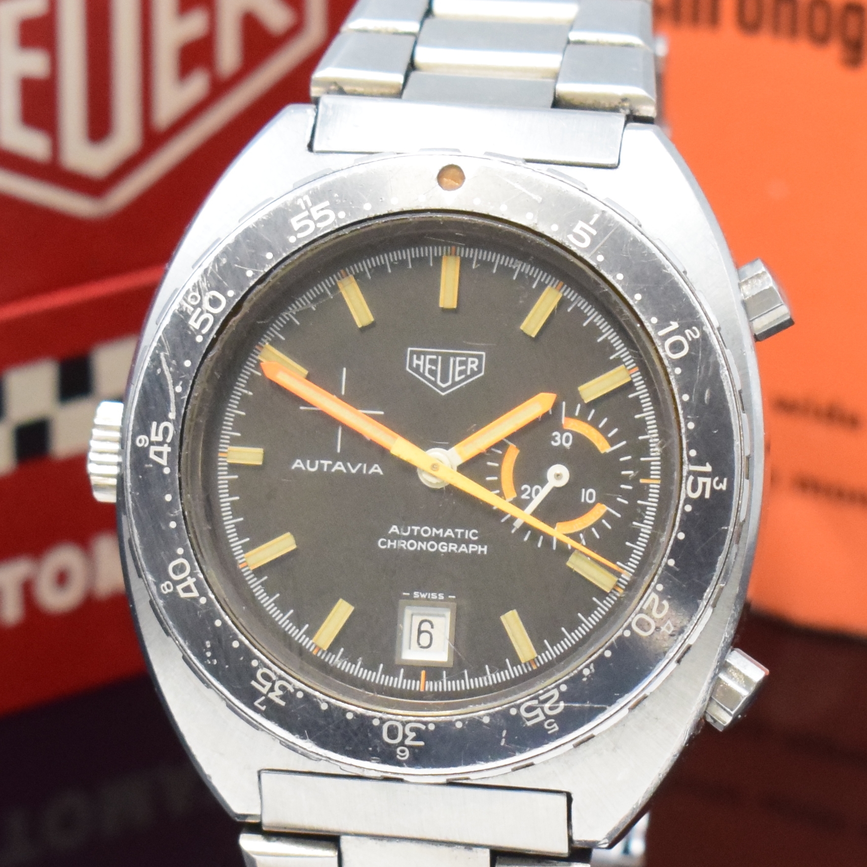 Detail a: HEUER Autavia Armbandchronograph "Orange Boy" Referenz 15630 mit original Etui und Papieren, Automatik, Schweiz verkauft 1975, verschr. ...