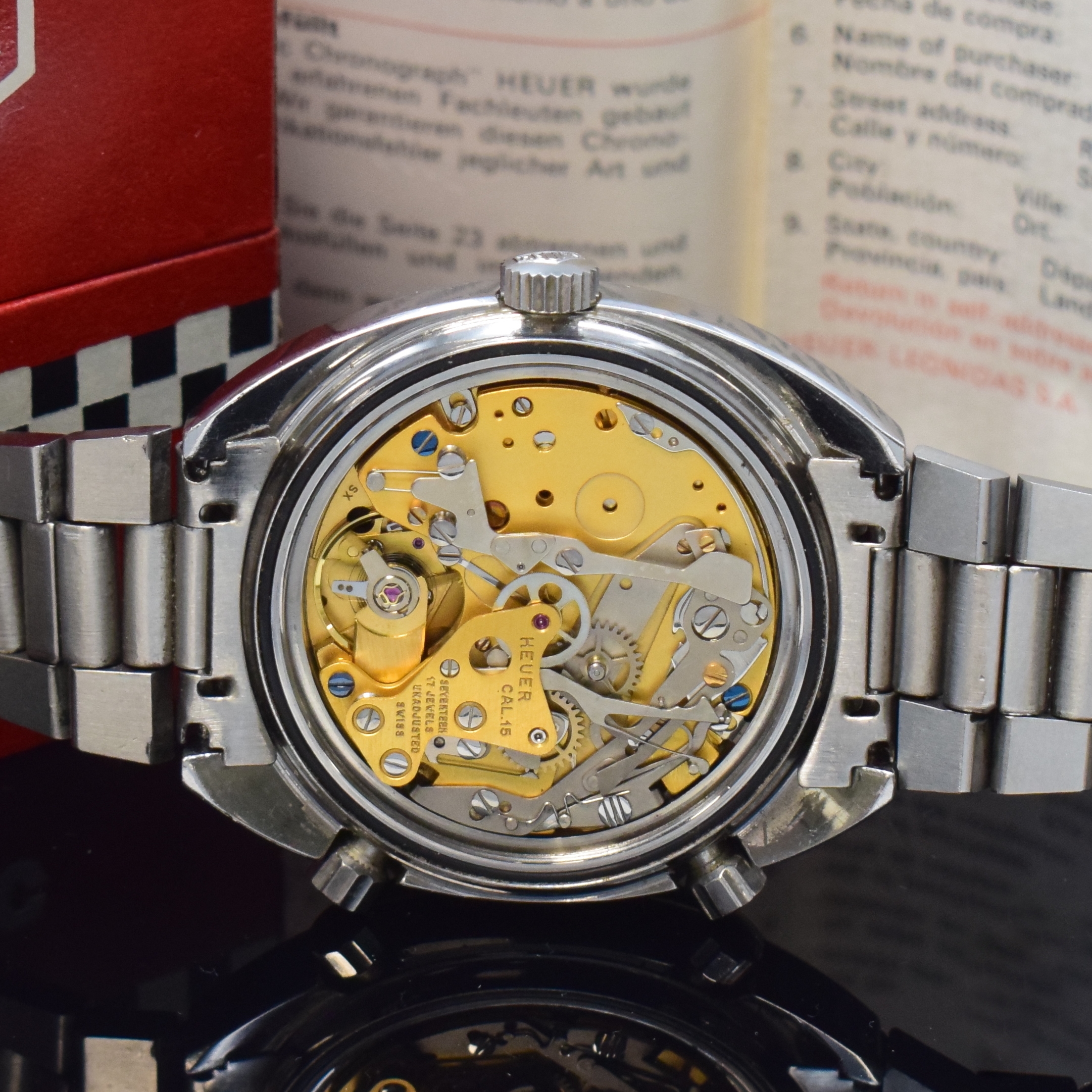 Detail e: HEUER Autavia Armbandchronograph "Orange Boy" Referenz 15630 mit original Etui und Papieren, Automatik, Schweiz verkauft 1975, verschr. ...