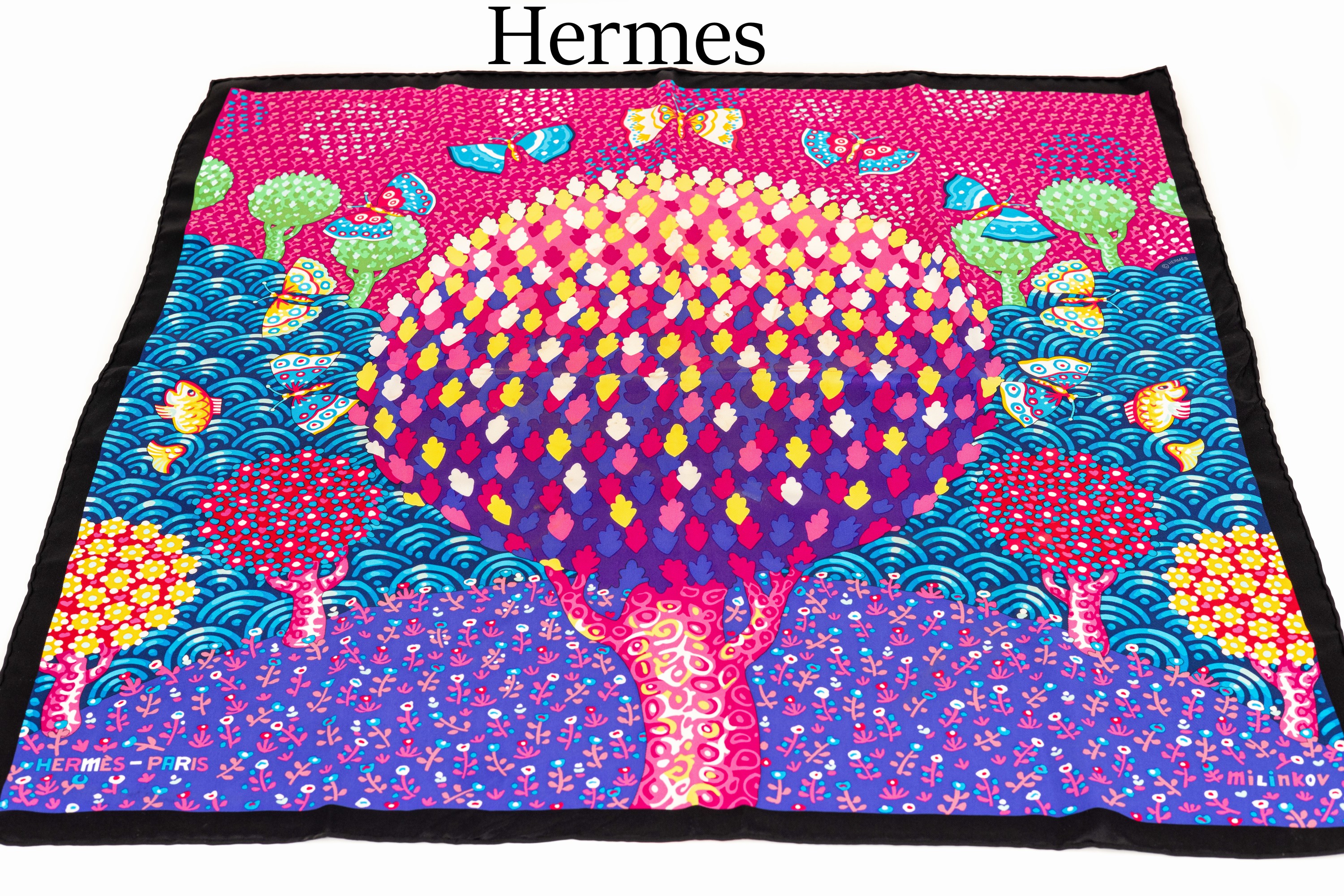 HERMES Seidencarree, 100% Seide, "Les Ailes Pleines de Joie Multi Baum", Bäume, Schmetterlinge und Fische in Lila-, Pink- und Blautönen, ...