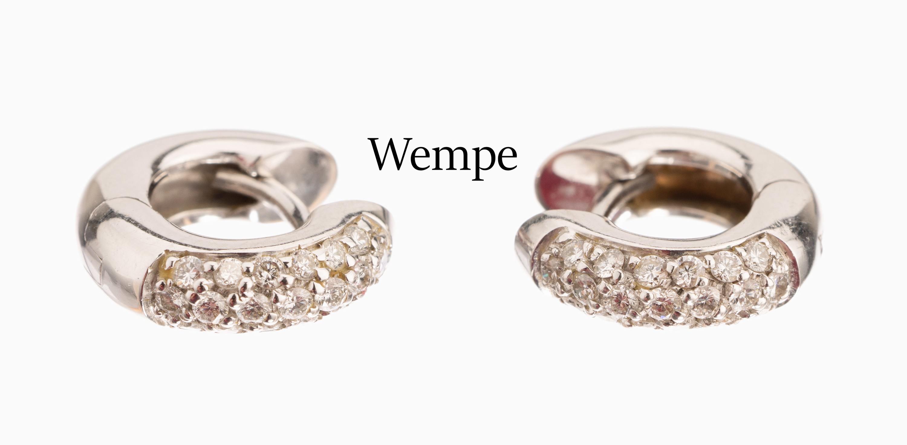 Paar 18 kt Gold WEMPE Brillant-Creolen, WG 750/000, Brillanten zus. ca. 0.26 ct feines Weiß-Weiß/vs, ca. 4.7 g, in Rüschenbeck-Etui