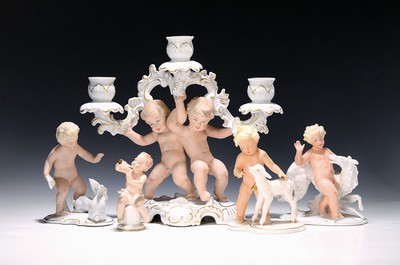 Image Candlestick and four porcelain figures, Wallendorf and Schaubach art, children with ...