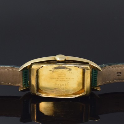 26796414e - GRUEN 10k Goldfilled gents wristwatch reference 500-296, Switzerland/USA around 1937, manual winding, two-piece construction curved case, snap on case back, silvered dial with Arabic numerals patinated, lever movement, 15 jewels, calibre 500, screw- balance, Breguet-hairspring, measures approx. 46 x 21 mm, condition 2-3, property of a collector