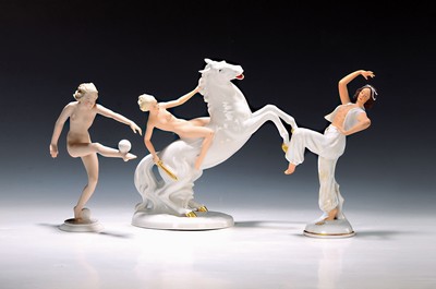 Image 26796418 - three figurines, Schaubachkunst and Hutschenreuther, Amazone on horse, approx. 4.5x 22 cm, female dancer H. approx. 23 cm, ball dancer, height approx. 21cm