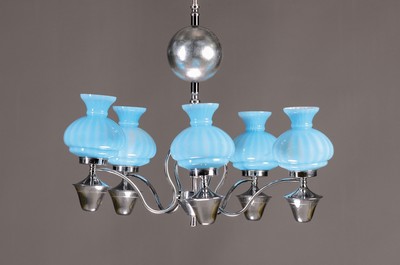 Image Ceiling lamp, France, 1940s/1950s, chrome- plated metal fittings, five burners with ...