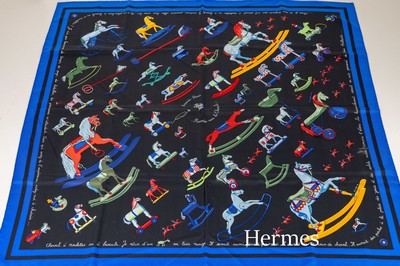 Image HERMES carree , 100% silk, "Raconte moi le Cheval", black ground, colorful ...