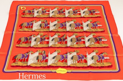 Image HERMES carree, 100% silk, "Ecuries", red ground, stables with horses, purple, ...