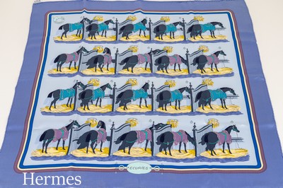 Image HERMES carree , 100% silk, "Ecuries", light blue ground, stables with horses, ...