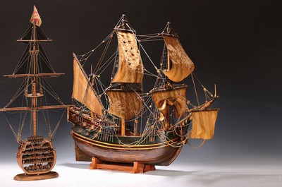 Image Two ship models of a three-master, plus a cross section of the HMS Victory from 1760, ...