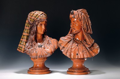 Image Pair of busts, German, around 1890, terracotta, oriental pair, rich relief, partially ...