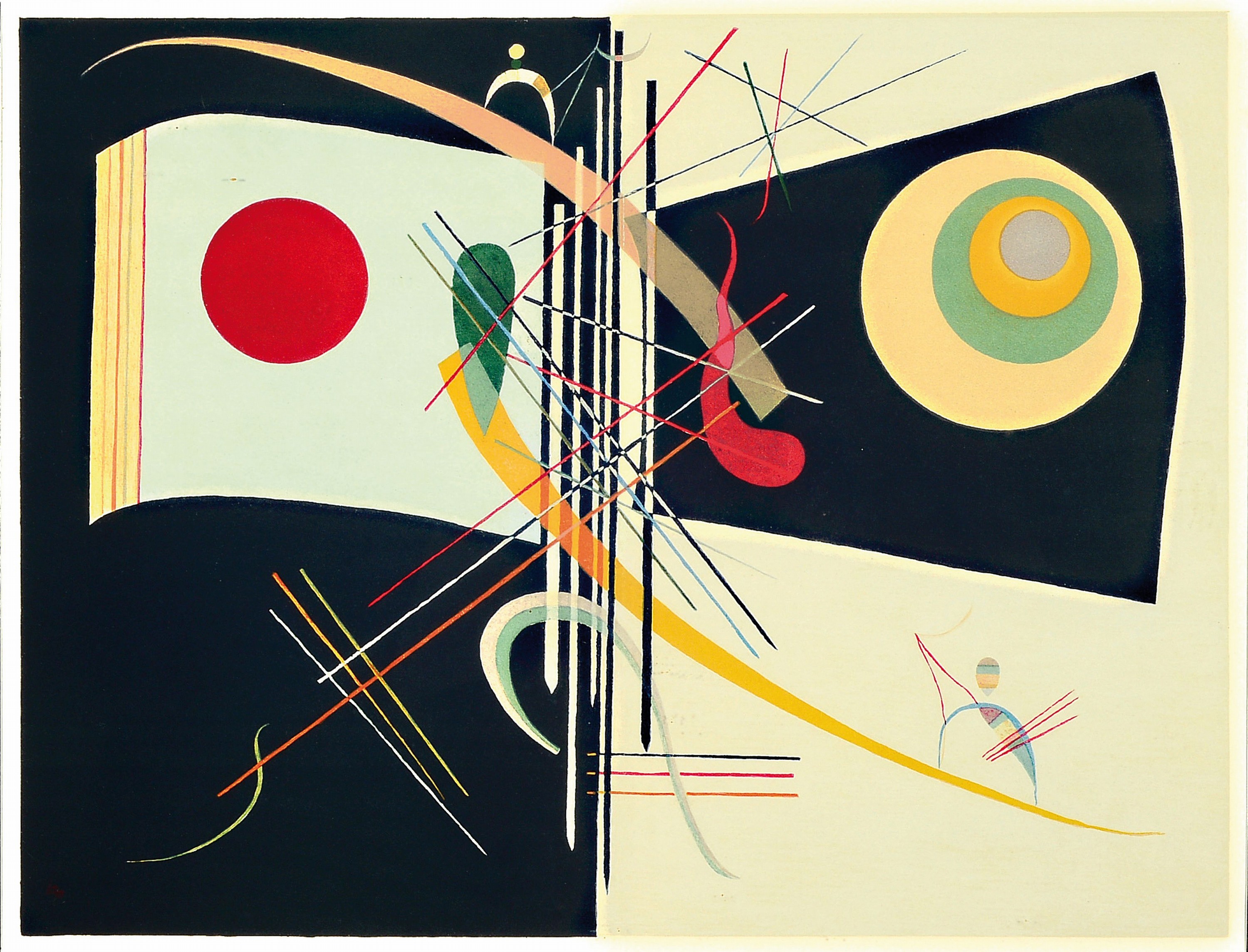Wassily Kandinsky, 1866-1944, 2 Farblithographien aus DLM, Doppelblätter mit geglätteten Bugfalten, unter Glas, 67x67 cm , 78x67 cm