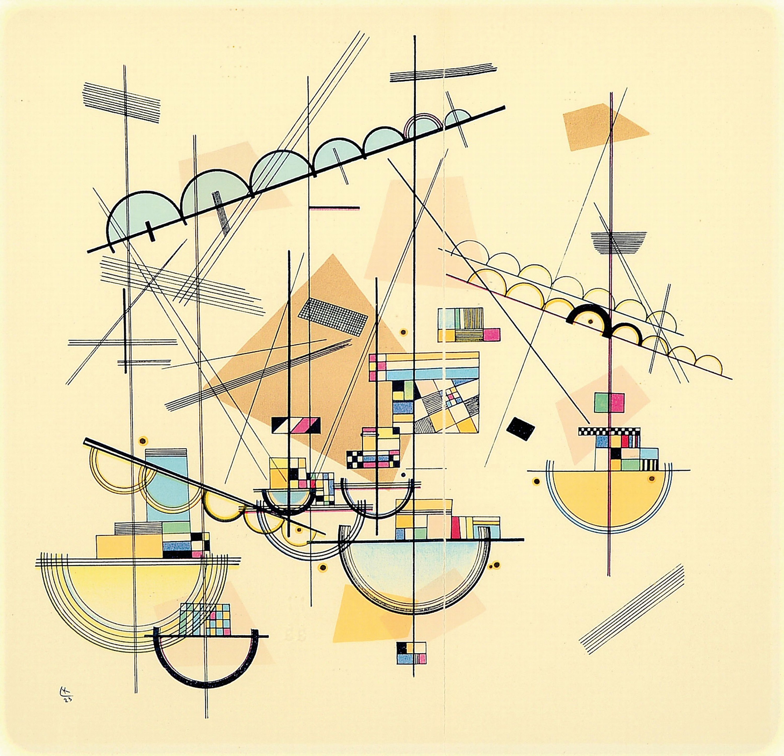 Detail a: Wassily Kandinsky, 1866-1944, 2 Farblithographien aus DLM, Doppelblätter mit geglätteten Bugfalten, unter Glas, 67x67 cm , 78x67 cm