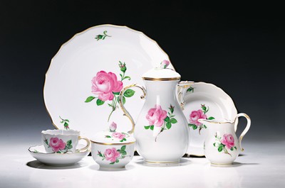 Image coffee set, Meissen, 20th c., 2. choice, new cutting, Red Rose, hand painted, gold edges, ...