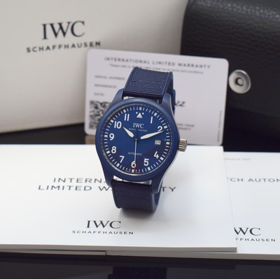 Image 26796664 - IWC Pilot´s Watch gents wristwatch Edition "LAUREUS SPORT FOR GOOD" reference IW328101, self winding, blue ceramic case including original rubber strap with original titanium- buckle, screwed-down case back & winding crown, blue dial, display of hours, minutes, sweep seconds & date, diameter approx. 41 mm, original box & papers, condition 1-2