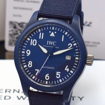 26796664a - IWC Pilot´s Watch gents wristwatch Edition "LAUREUS SPORT FOR GOOD" reference IW328101, self winding, blue ceramic case including original rubber strap with original titanium- buckle, screwed-down case back & winding crown, blue dial, display of hours, minutes, sweep seconds & date, diameter approx. 41 mm, original box & papers, condition 1-2