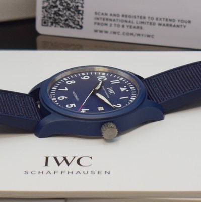 26796664c - IWC Pilot´s Watch gents wristwatch Edition "LAUREUS SPORT FOR GOOD" reference IW328101, self winding, blue ceramic case including original rubber strap with original titanium- buckle, screwed-down case back & winding crown, blue dial, display of hours, minutes, sweep seconds & date, diameter approx. 41 mm, original box & papers, condition 1-2