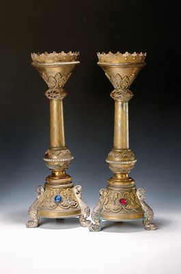 Image pair of large church candlesticks, around 1900, brass, opulently decorated Historicism ...