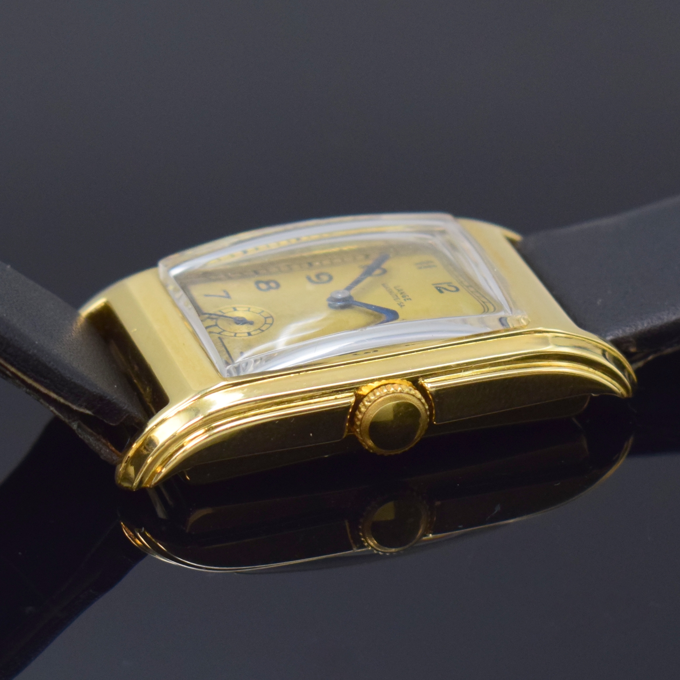 Detail b: A. LANGE & SÖHNE Glashütte seltene rechteckige Armbanduhr in GG 750/000, Deutschland verk. lt. beiliegendem Stammbuchauszug 1940, Handaufzug, ...
