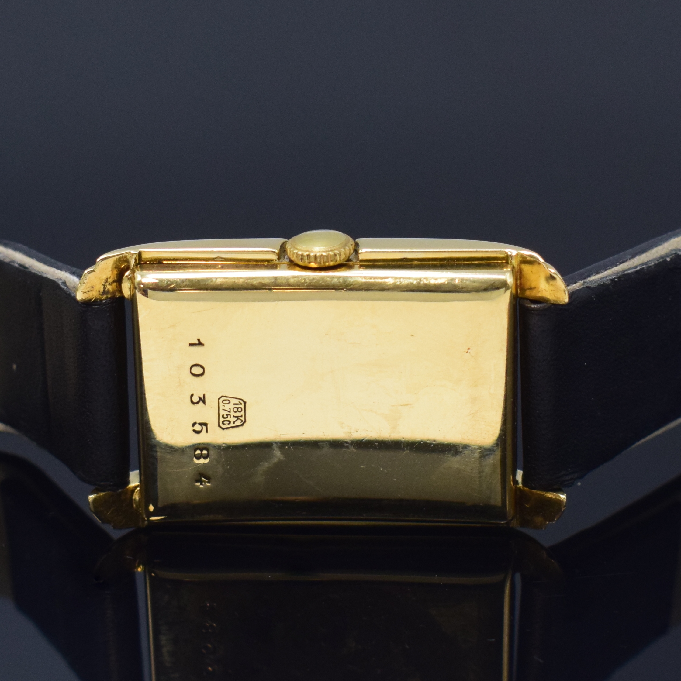 Detail d: A. LANGE & SÖHNE Glashütte seltene rechteckige Armbanduhr in GG 750/000, Deutschland verk. lt. beiliegendem Stammbuchauszug 1940, Handaufzug, ...