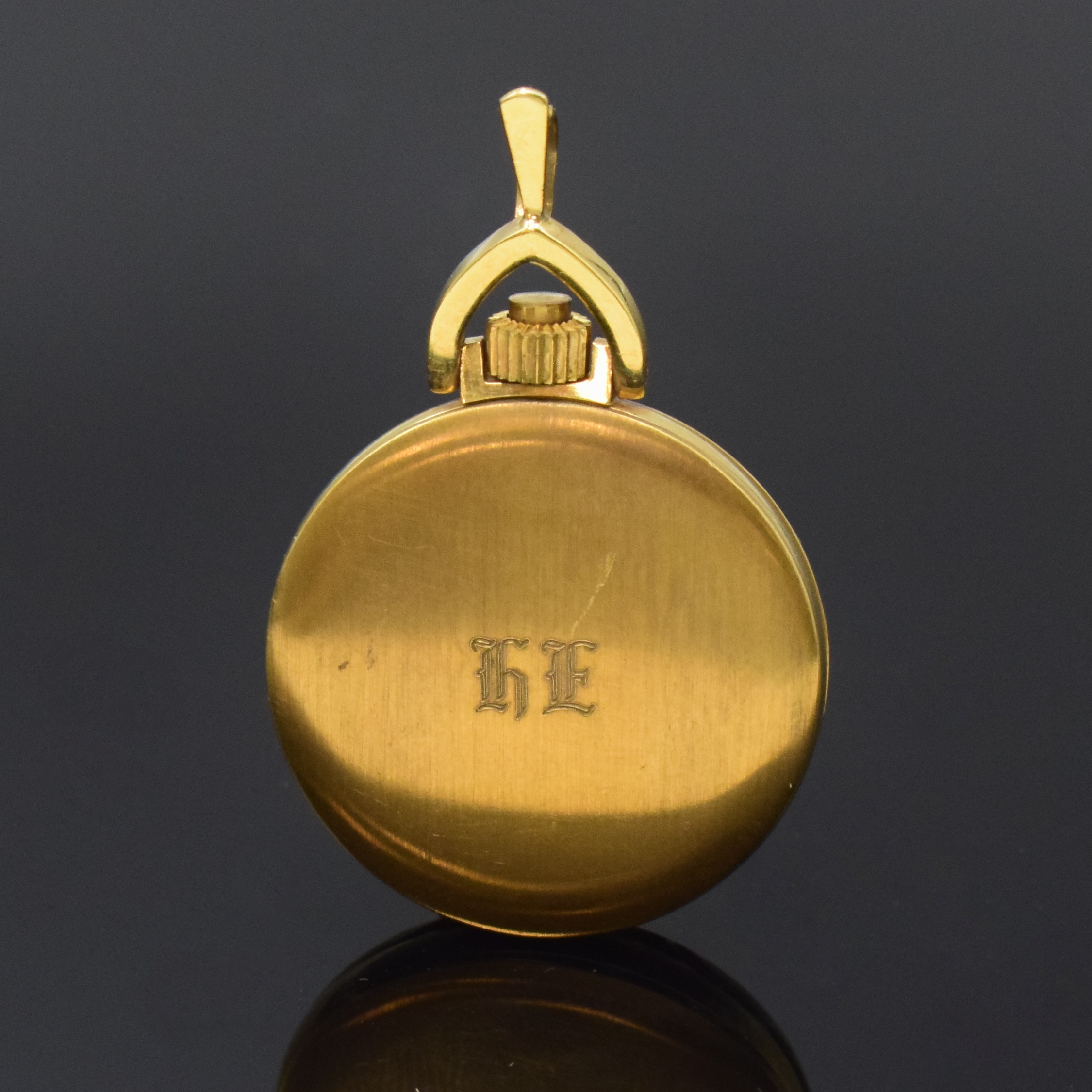 Detail c: FAVOR Lady Damen Savonette Anhängeuhr in GG 585/000, Handaufzug, Schweiz um 1970, Boden m. Schmuckmonogramm HE aufgedr., gold. Zifferbl. m. arab. ...