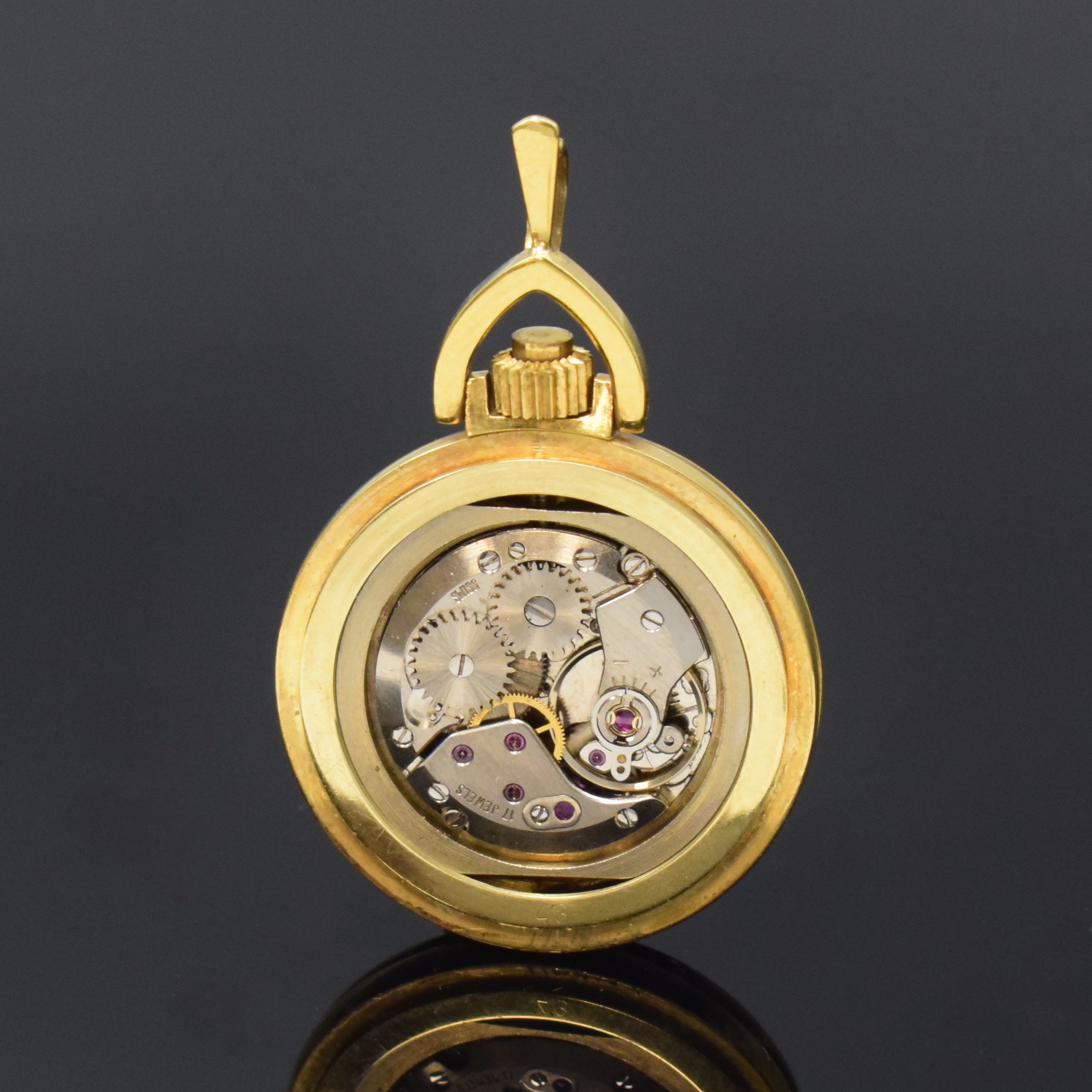 Detail d: FAVOR Lady Damen Savonette Anhängeuhr in GG 585/000, Handaufzug, Schweiz um 1970, Boden m. Schmuckmonogramm HE aufgedr., gold. Zifferbl. m. arab. ...
