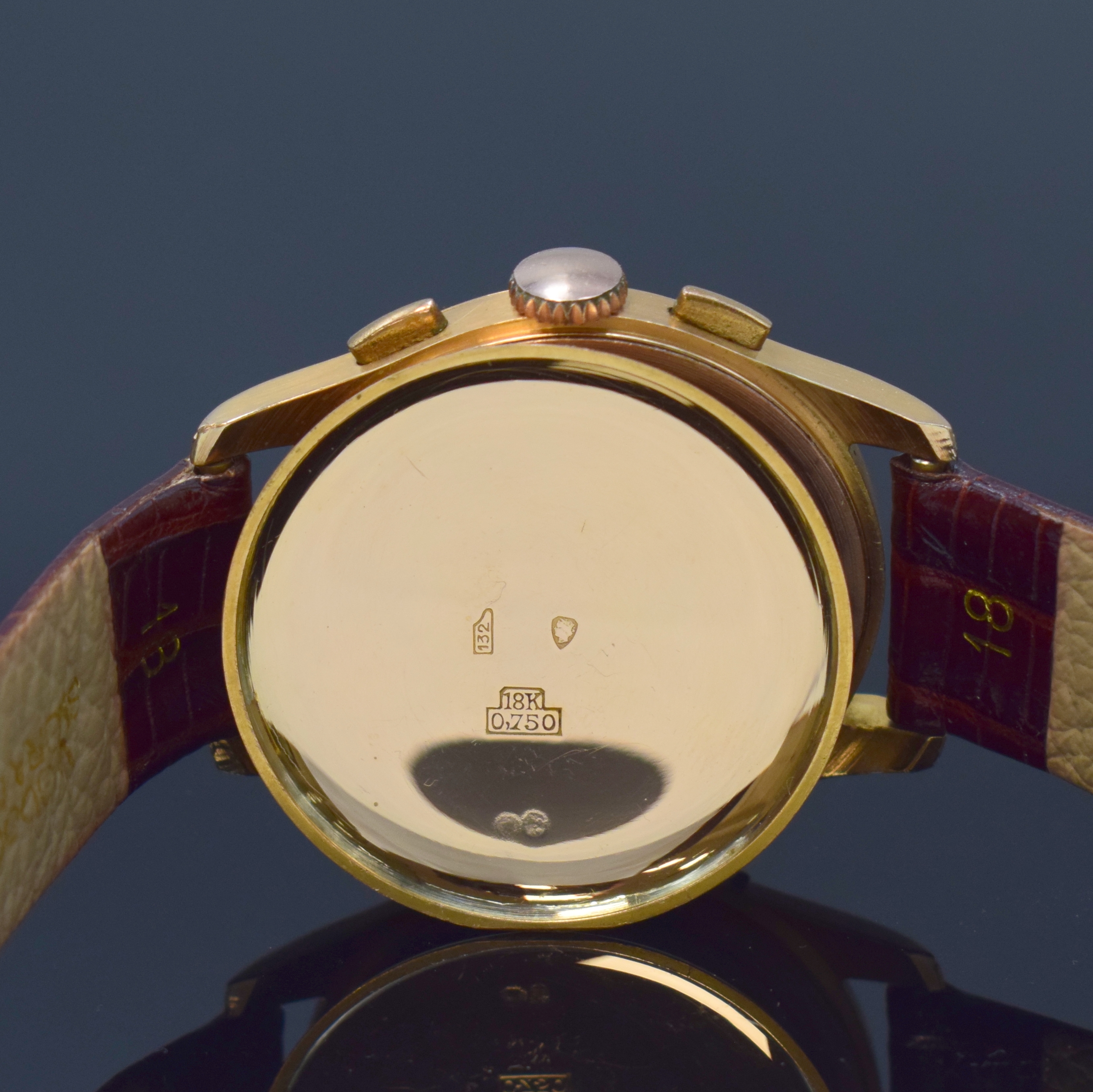Detail f: BREITLING Datora Referenz 785 seltener Schaltradchronograph mit Vollkalender RoseG 750/000, Schweiz um 1945, Handaufzug, unpoliertes 3-tlg. Geh., ...