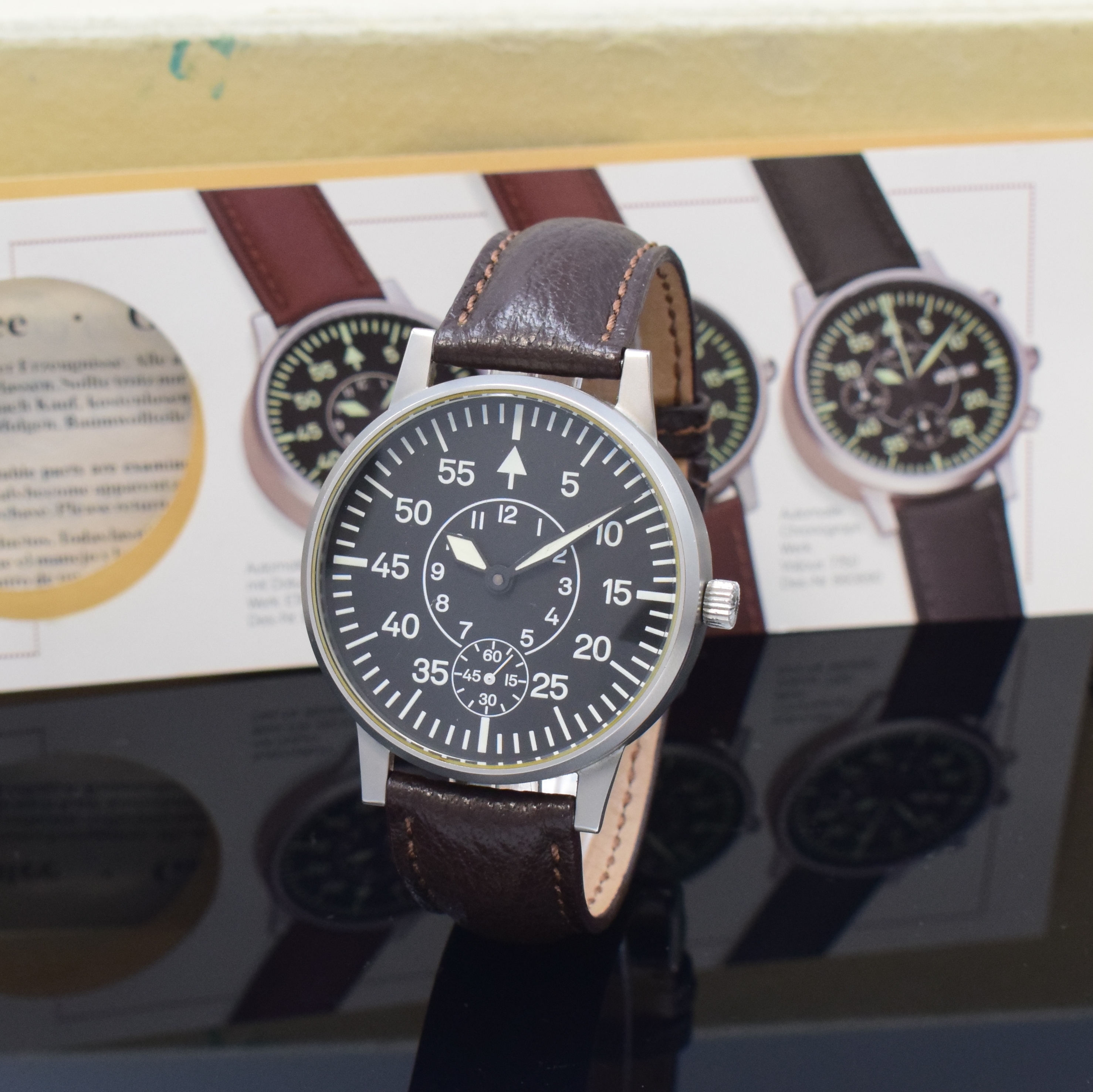 LACO große Herrenarmbanduhr im Fliegeruhr- Design, Deutschland/Schweiz um 1995, Handaufzug, mattiertes Geh. m. verschr. Boden, beids. vergl., Krone ...