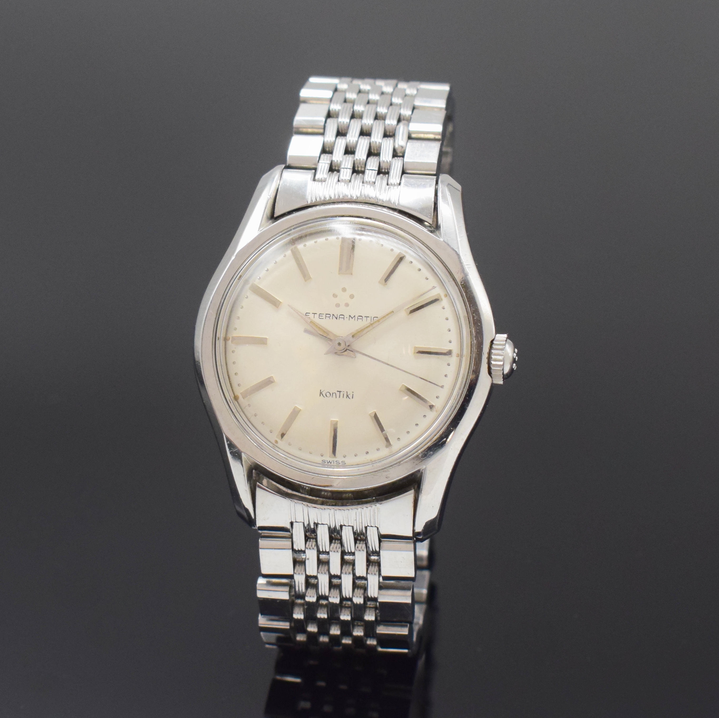 ETERNA Kontiki Referenz 130T Herrenarmbanduhr in Stahl/Stahlband, Schweiz um 1960, Automatik, verschr. Geh., Boden m. Kontiki Gold-Plakette, orig. ...