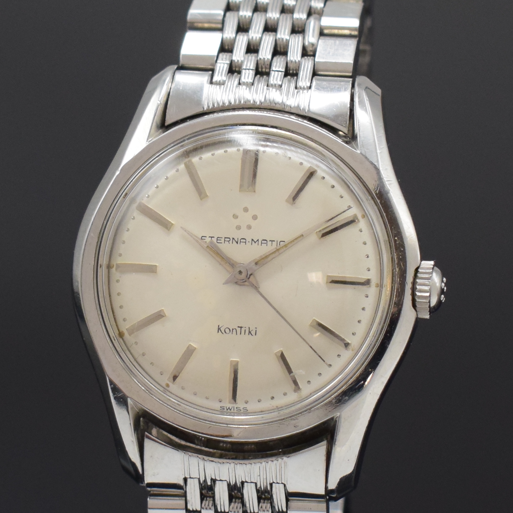 Detail a: ETERNA Kontiki Referenz 130T Herrenarmbanduhr in Stahl/Stahlband, Schweiz um 1960, Automatik, verschr. Geh., Boden m. Kontiki Gold-Plakette, orig. ...
