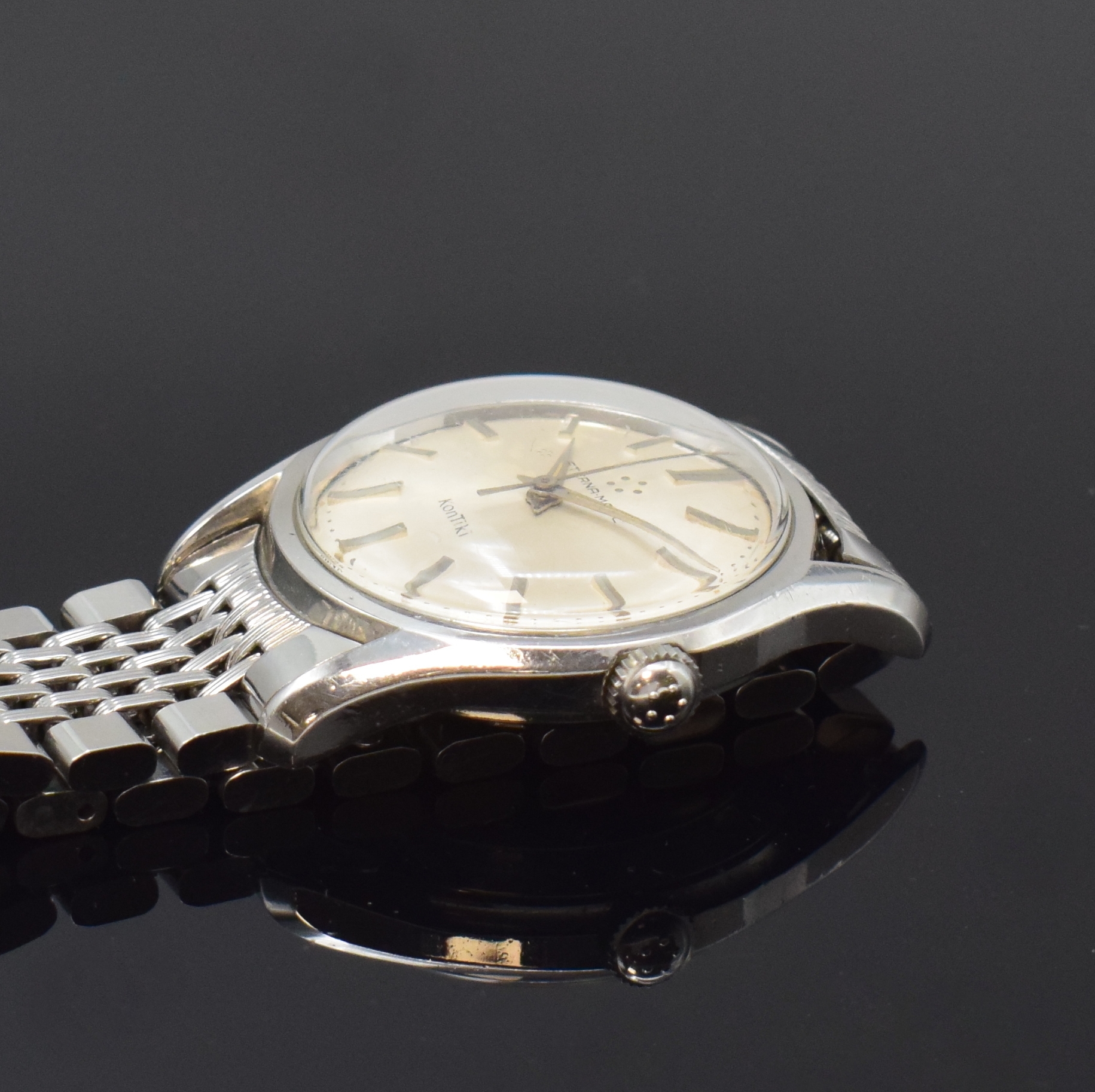 Detail c: ETERNA Kontiki Referenz 130T Herrenarmbanduhr in Stahl/Stahlband, Schweiz um 1960, Automatik, verschr. Geh., Boden m. Kontiki Gold-Plakette, orig. ...
