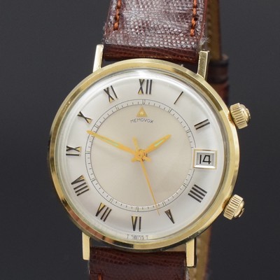 26797165a - LeCOULTRE Memovox gents wristwatch with alarm in 10k gold-Filled, Switzerland USA around 1960, manual winding, monocoque-case, original crowns, rare silvered dial with applied Roman numerals, date at 3, central alarm disc, gilded hands, rhodium plated movement calibre 911, 17 jewels, diameter approx. 35 mm, mainspring of alarm has to be replaced, overhaul recommended at buyer's expense, condition 2-3