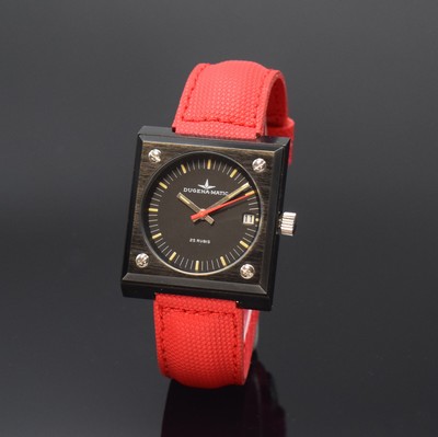 Image 26797168 - DUGENA-Matic unusual gents wristwatch in design of the 1980th in steel, Switzerland around 1980, self winding, rectangular blackened case, screwed down case back, matt black dial, luminous indices and hands, date at 3, gold plated movement calibre ETA 2783 marked "Alpina", rare balance with elastic balance-arm, measures approx. 38,5 x 33,5 mm, overhaul recommended at buyer's expense, condition 2