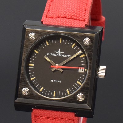 26797168a - DUGENA-Matic unusual gents wristwatch in design of the 1980th in steel, Switzerland around 1980, self winding, rectangular blackened case, screwed down case back, matt black dial, luminous indices and hands, date at 3, gold plated movement calibre ETA 2783 marked "Alpina", rare balance with elastic balance-arm, measures approx. 38,5 x 33,5 mm, overhaul recommended at buyer's expense, condition 2