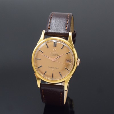 Image 26797173 - OMEGA Constellation rare 18k pink gold wristwatch chronometer reference 14393/94, Switzerland around 1961, self winding, unpolished case, screwed down case back with observatory badge, original winding crown, gold-dial patinated, applied gold-indices with onyx-inlay, original pink gilded dauphine hands, date at 3, pink gilded movement calibre 561, 24 jewels, 5 adjustments, precision adjustment, diameter approx. 34,5 mm, overhaul recommended at buyer's expense, condition 2