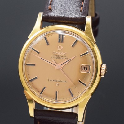 26797173a - OMEGA Constellation rare 18k pink gold wristwatch chronometer reference 14393/94, Switzerland around 1961, self winding, unpolished case, screwed down case back with observatory badge, original winding crown, gold-dial patinated, applied gold-indices with onyx-inlay, original pink gilded dauphine hands, date at 3, pink gilded movement calibre 561, 24 jewels, 5 adjustments, precision adjustment, diameter approx. 34,5 mm, overhaul recommended at buyer's expense, condition 2