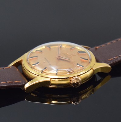 26797173b - OMEGA Constellation rare 18k pink gold wristwatch chronometer reference 14393/94, Switzerland around 1961, self winding, unpolished case, screwed down case back with observatory badge, original winding crown, gold-dial patinated, applied gold-indices with onyx-inlay, original pink gilded dauphine hands, date at 3, pink gilded movement calibre 561, 24 jewels, 5 adjustments, precision adjustment, diameter approx. 34,5 mm, overhaul recommended at buyer's expense, condition 2
