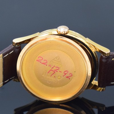 26797173f - OMEGA Constellation rare 18k pink gold wristwatch chronometer reference 14393/94, Switzerland around 1961, self winding, unpolished case, screwed down case back with observatory badge, original winding crown, gold-dial patinated, applied gold-indices with onyx-inlay, original pink gilded dauphine hands, date at 3, pink gilded movement calibre 561, 24 jewels, 5 adjustments, precision adjustment, diameter approx. 34,5 mm, overhaul recommended at buyer's expense, condition 2
