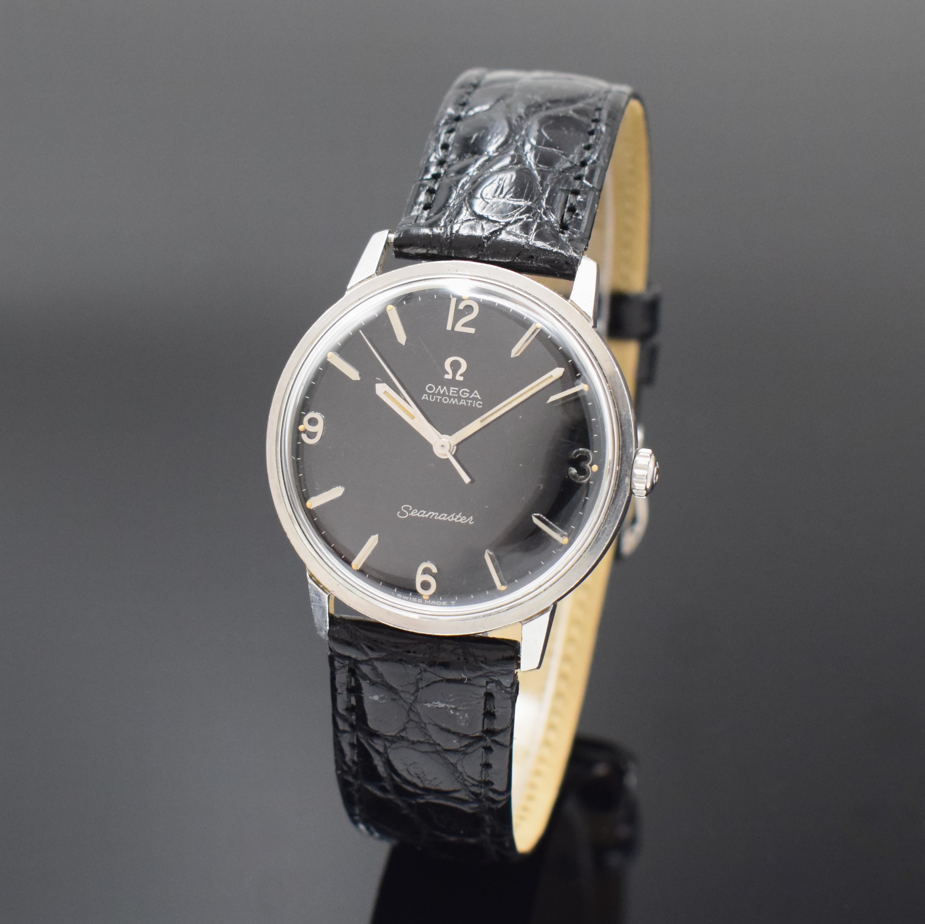 OMEGA Seamaster Referenz 165.001 Armbanduhr mit seltenem schwarzen original Zifferblatt,Schweiz um 1964, Automatik, 2-tlg. Stahlgeh., Boden m. ...