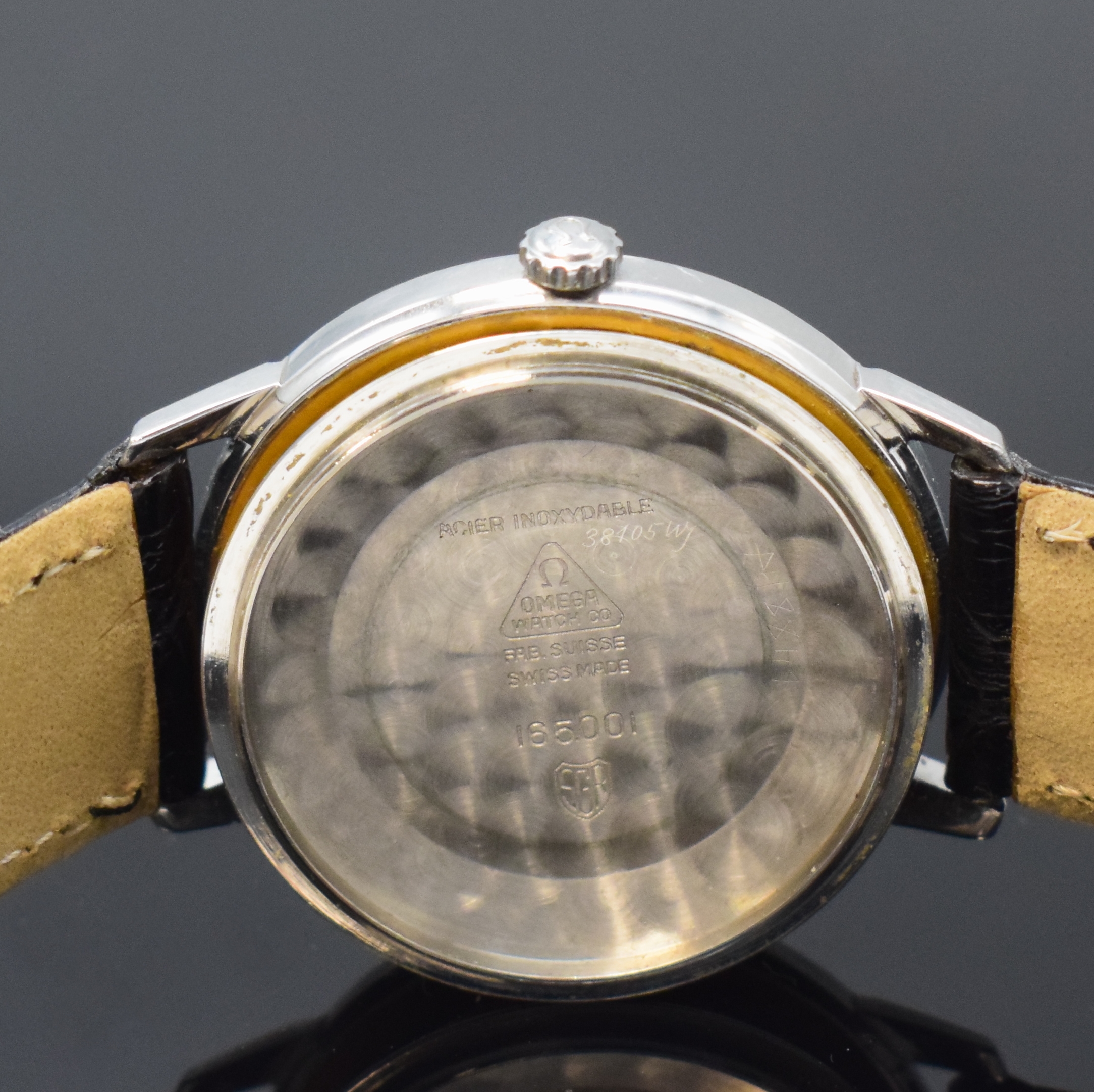 Detail f: OMEGA Seamaster Referenz 165.001 Armbanduhr mit seltenem schwarzen original Zifferblatt,Schweiz um 1964, Automatik, 2-tlg. Stahlgeh., Boden m. ...