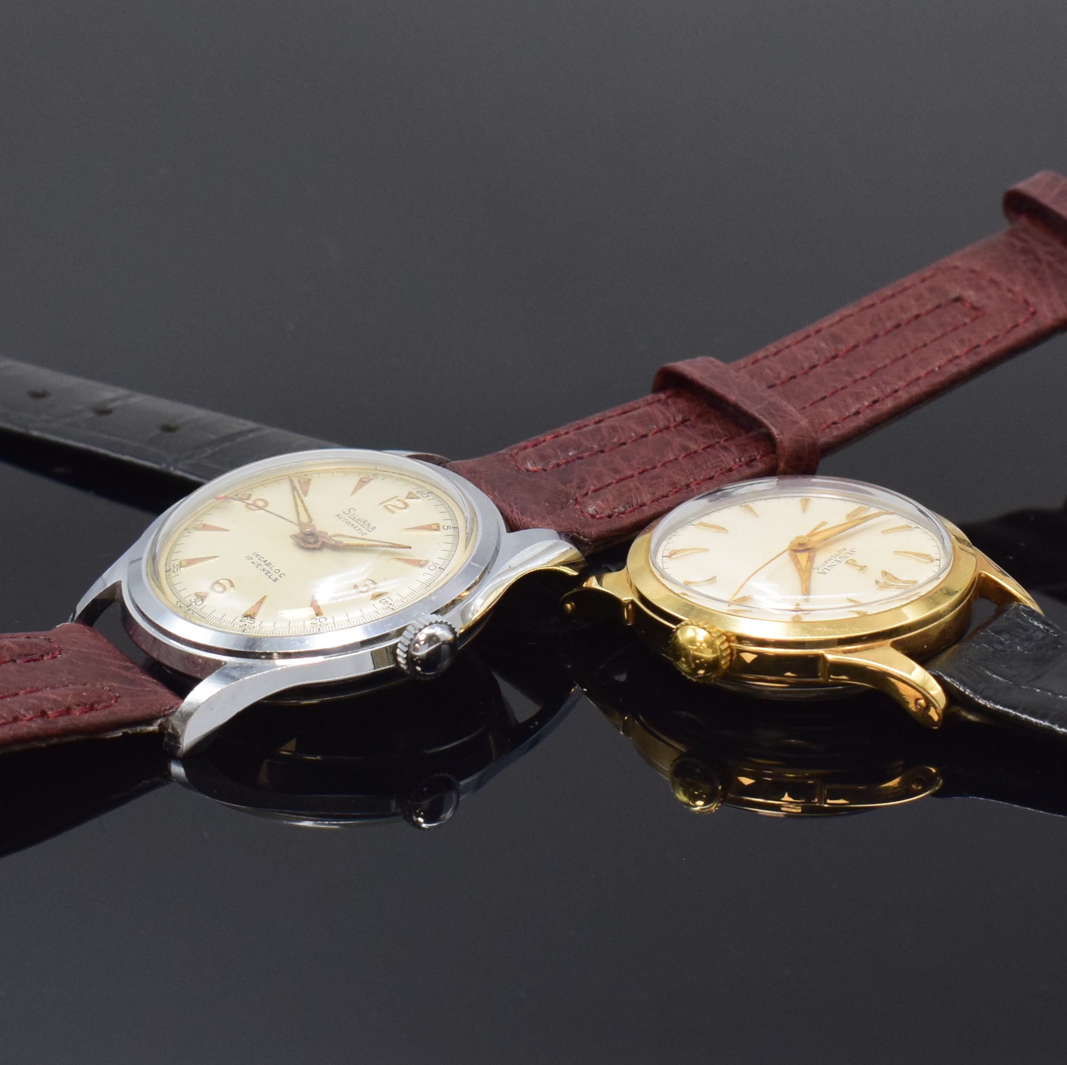 Detail c: JUVENIA/SILVANA 2 nahezu neuwertige Armbanduhren mit Hammerautomatik, Schweiz um 1950, verschr. Geh. m. Stahlboden, 1) JUVENIA, verg. Geh., silb. ...