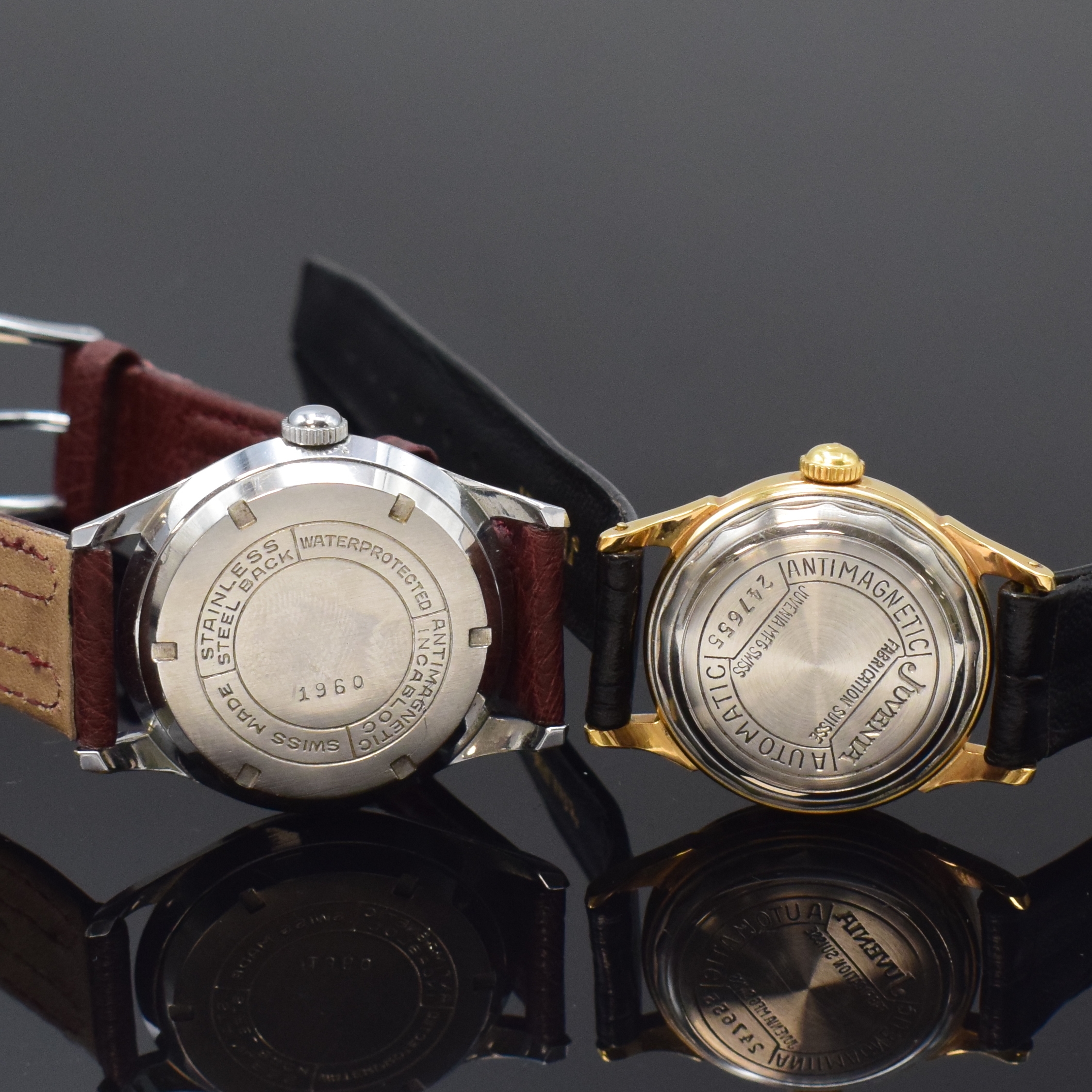 Detail d: JUVENIA/SILVANA 2 nahezu neuwertige Armbanduhren mit Hammerautomatik, Schweiz um 1950, verschr. Geh. m. Stahlboden, 1) JUVENIA, verg. Geh., silb. ...