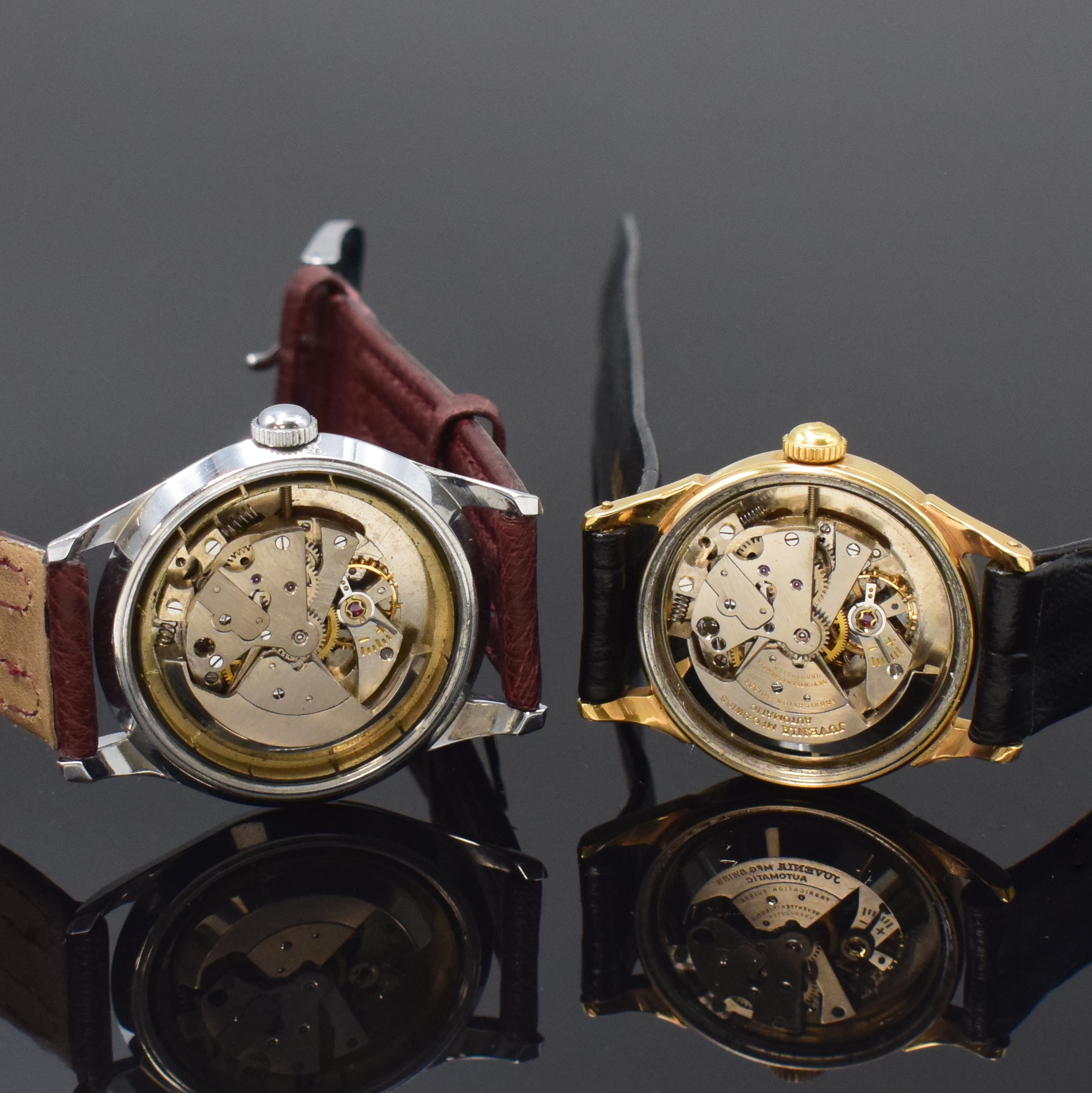Detail e: JUVENIA/SILVANA 2 nahezu neuwertige Armbanduhren mit Hammerautomatik, Schweiz um 1950, verschr. Geh. m. Stahlboden, 1) JUVENIA, verg. Geh., silb. ...