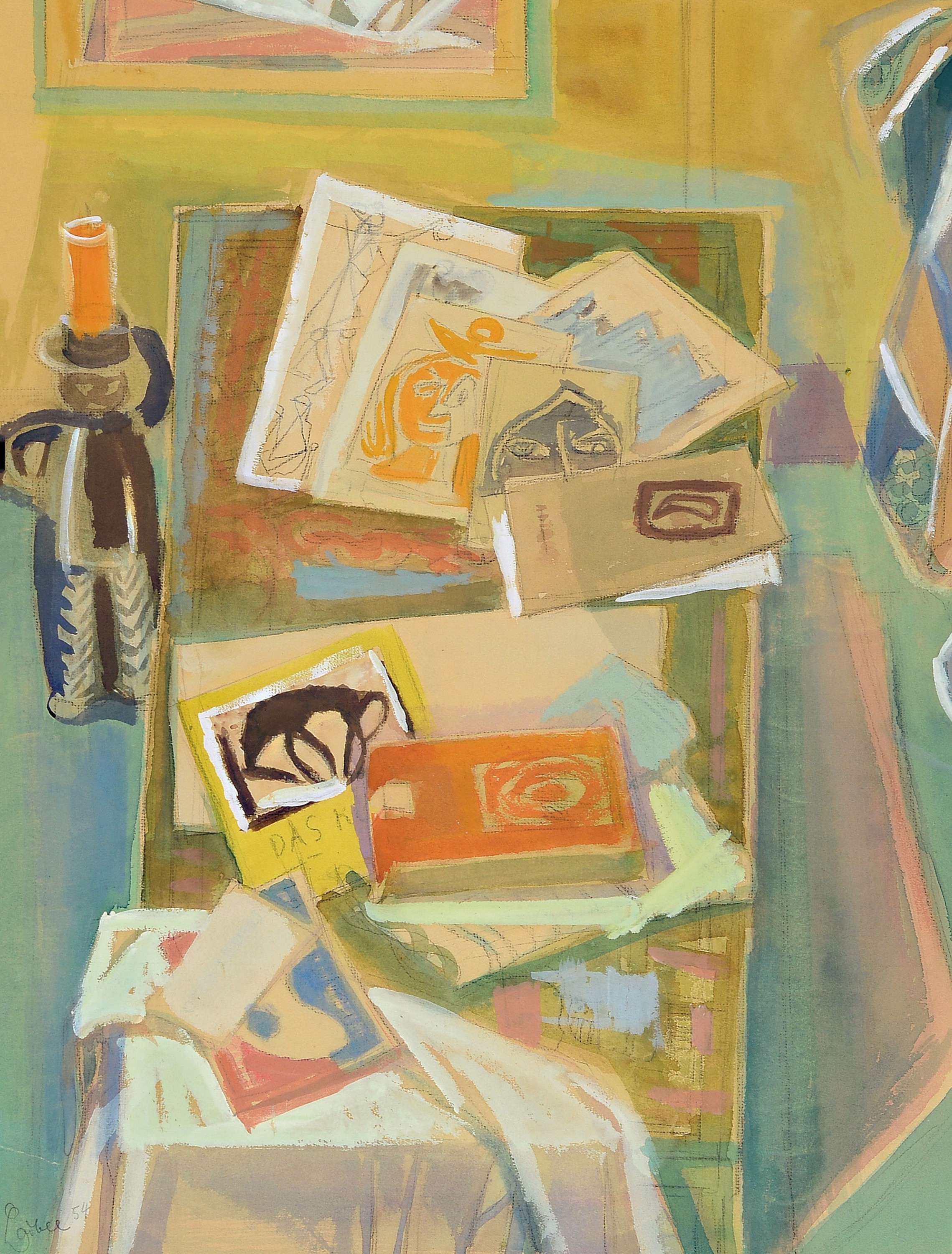 Otto Laible, 1891 Karlsruhe - 1962, Stillleben mit Zeichnungen und Leuchter, Gouache auf Papier, li. unten signiert und dat. 54, seitlich Riss, ...