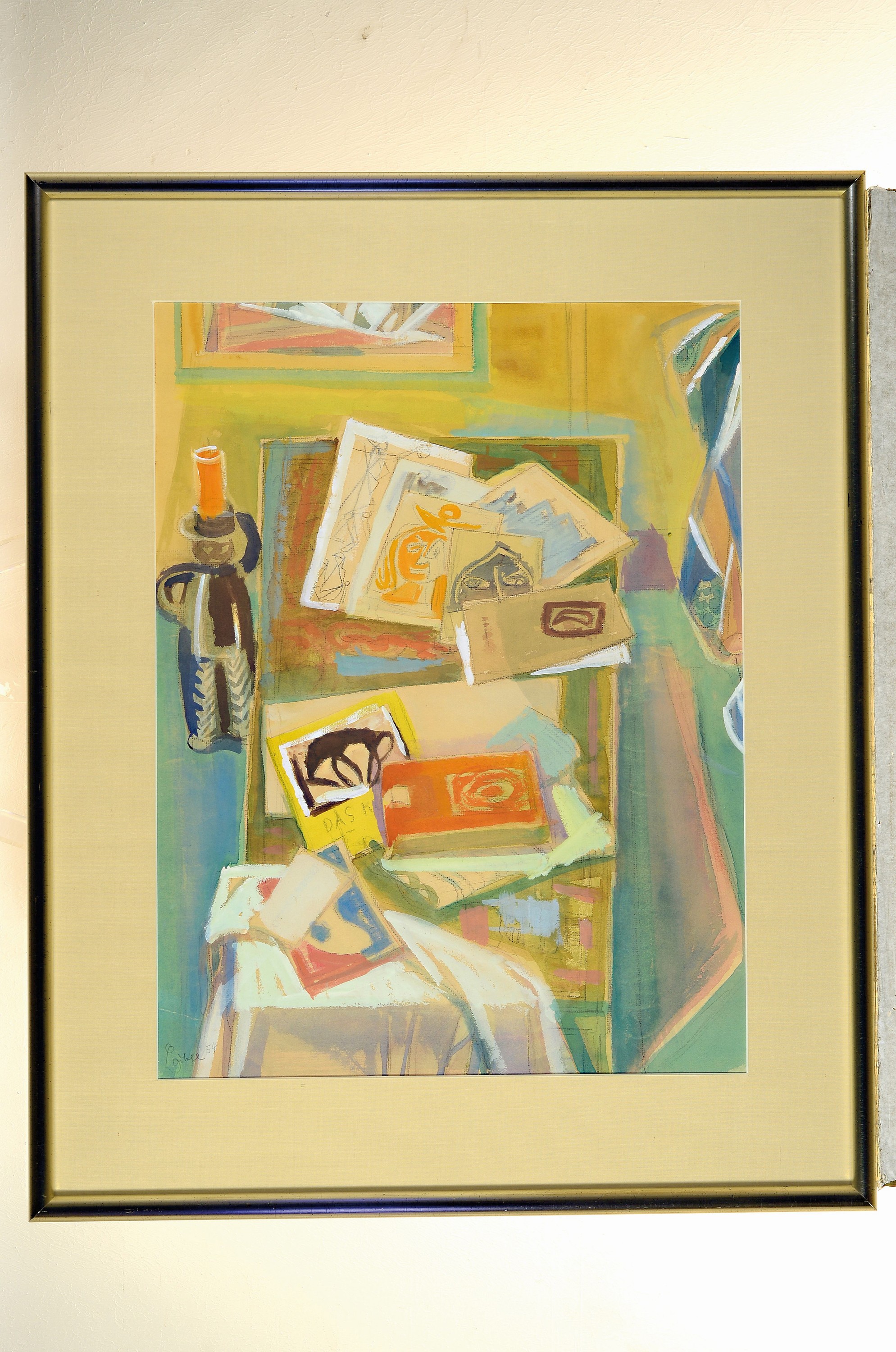 Detail k: Otto Laible, 1891 Karlsruhe - 1962, Stillleben mit Zeichnungen und Leuchter, Gouache auf Papier, li. unten signiert und dat. 54, seitlich Riss, ...