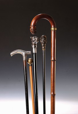 Image Four sticks and a riding crop with a round pommel, niello decoration, around 1900/10, ...