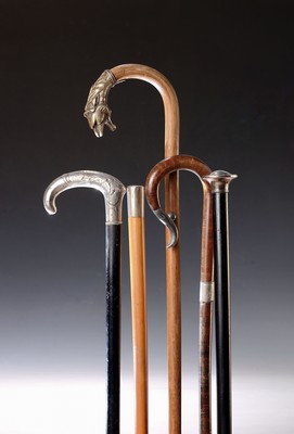 Image Five sticks, around 1900/20s, two sticks with silver handles, one stick with tin ...