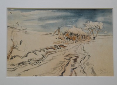 26797291c - Otto Laible, 1891 Karlsruhe until 1962, 2 watercolors/gouache, 2 reproductions: 1st watercolor, Russia 1943, signed, bet., PP cutout 31 x 47 cm,frame , 2nd gouache, bet. Village Istein, signed, approx. 36 x 52 cm PP cutout, frame, 3rd Place Pigalle and market scenes, reproductions, 1 x hand signed, approx. 21 x 59 and 31 x 47 cm PP cutouts, both framed