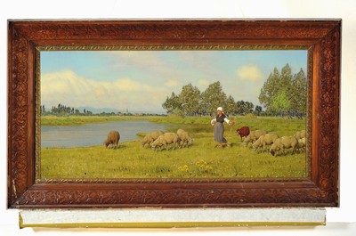 26797293k - Wilhelm Hüffmeier, 1881 Osnabrück - Karlsruhe,studied at the KA Karlsruhe, master student ofJulius Bergmann, summer landscape with a youngshepherdess and sheep, left. Signed at the bottom, oil/board, approx. 33.5 x 70 cm, old label on the back with illegible inscription