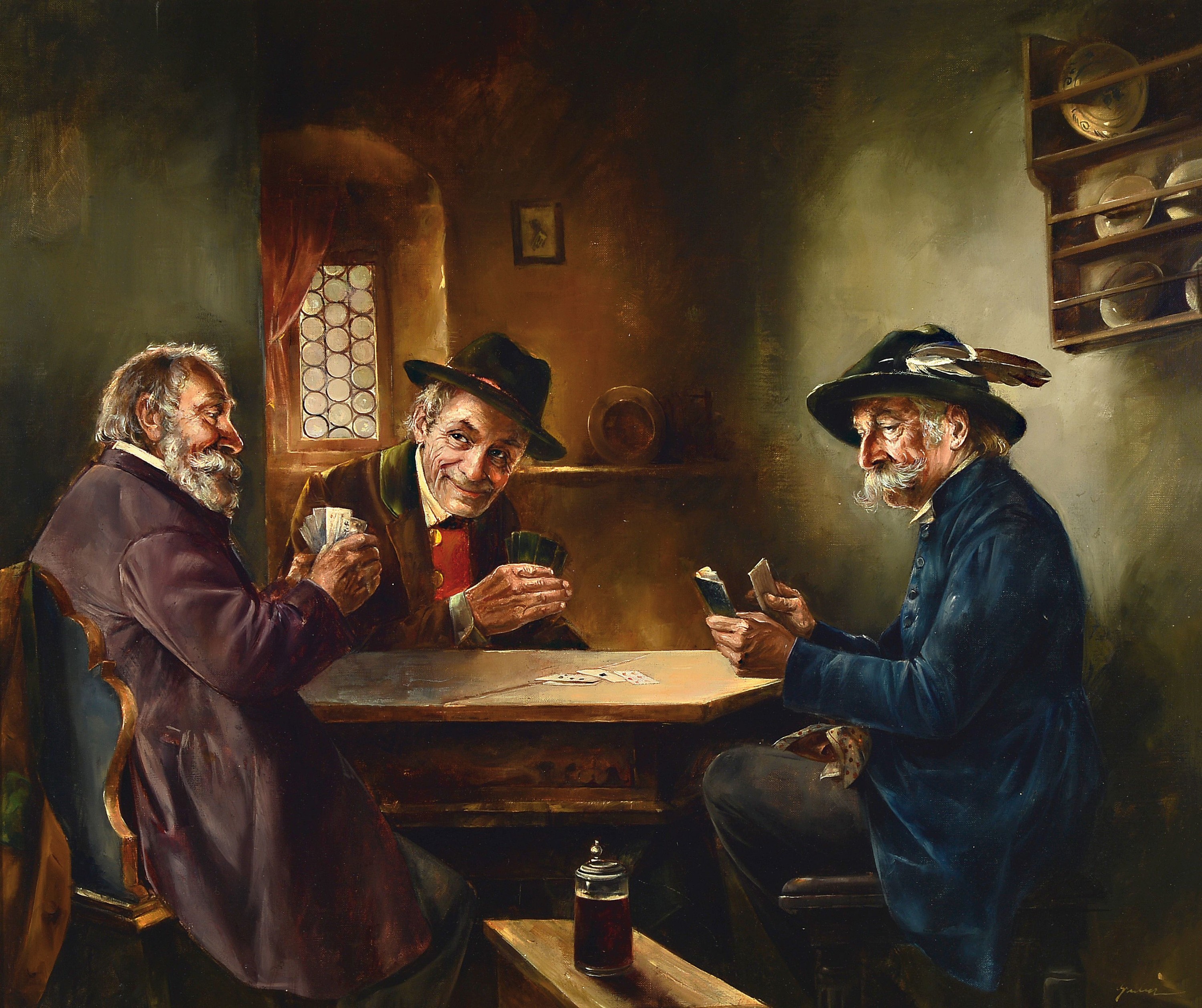 Wolfgang Gruber, geb 1911 Regensburg, drei Männer beim Karten spielen, Öl/Lwd, rechts unten signiert, feine detaillierte Malerei mit besonders ...