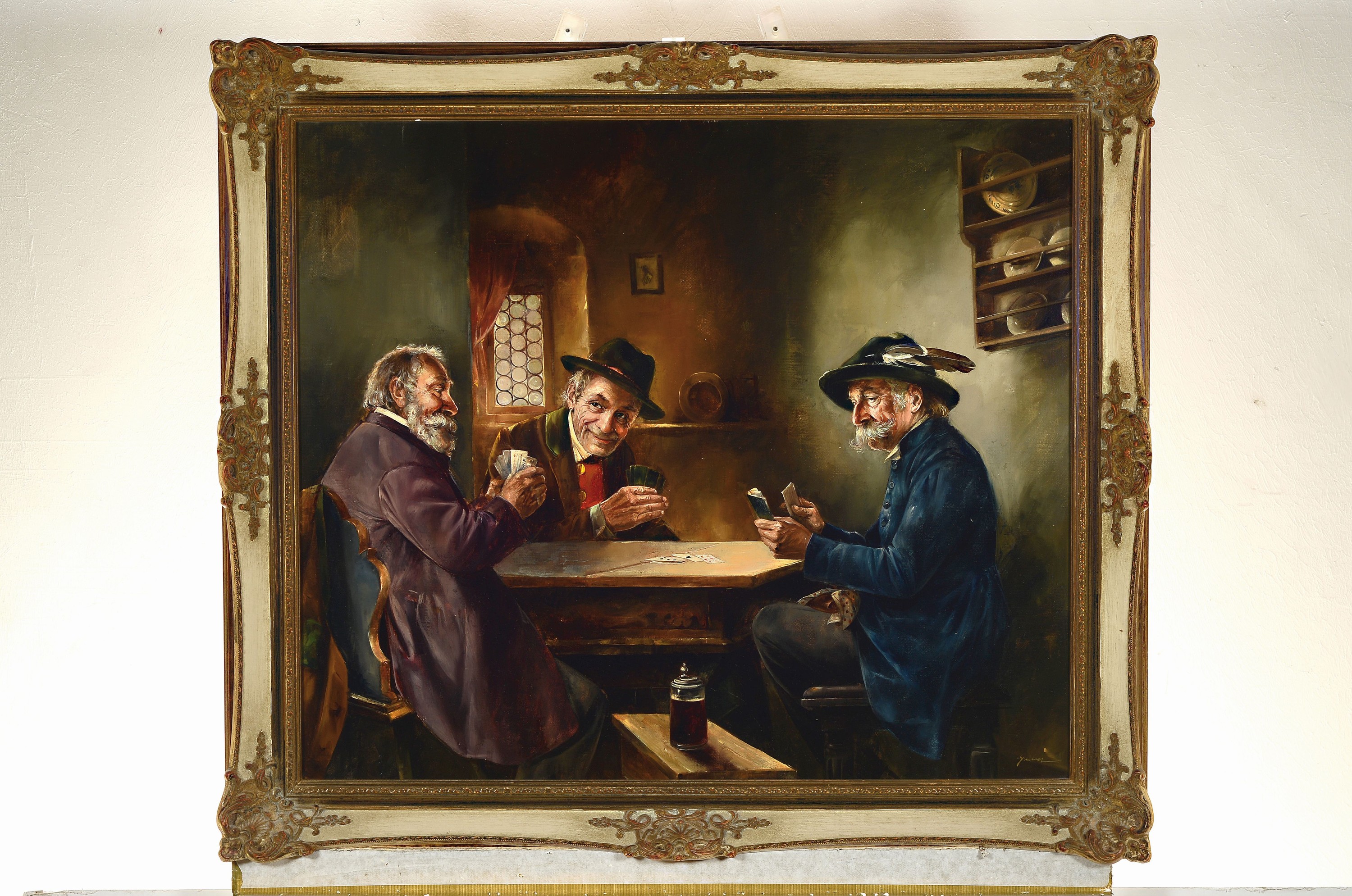 Detail k: Wolfgang Gruber, geb 1911 Regensburg, drei Männer beim Karten spielen, Öl/Lwd, rechts unten signiert, feine detaillierte Malerei mit besonders ...