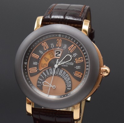 26797300a - GÉRALD GENTA Arena Bi-Retro big and heavy gents wristwatch in pink gold 18k/tantalum, Switzerland around 2020, self winding, on both sides glazed case reference BSP.Y.55, satin-finished tantalum-bezel, back with 8 screws, silver-gray dial with ray-engine- turned ground, retrogrades date at 6, digital hour at 12, central second as well as retrograde minute, nickel plated movement calibre 1000, 27 jewels, 5 adjustments, original leather strap with heavy deployant clasp in pink gold 18k, diameter approx. 45 mm, condition 2